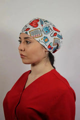 White Unisex Medical Cap – Surgical Hat with Cardio Hearts Print
