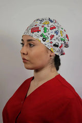 White Unisex Medical Cap – Surgical Hat with Cars Print